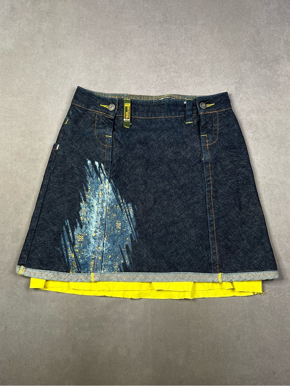 Oakley Dark Denim A-Line Mini Skirt with Blue Paint Accent and Yellow Hem Rare